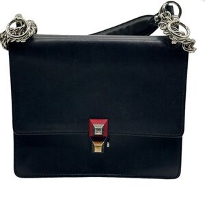 Fendi Vitello Liberty Kan bag Black Leather Shoulder Bag with Silver Chain